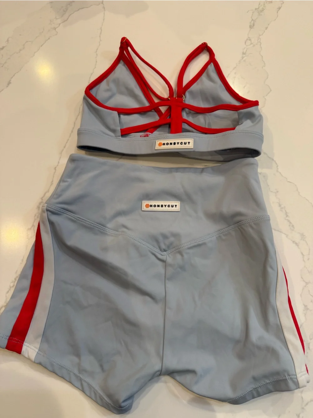 Girls Light Blue Sports Bra & Shorts dance  Set with Red Trim